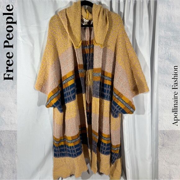 FREE PEOPLE MERCER HOODED KIMONO IN TAN BLUE OS NEW - Picture 5 of 10